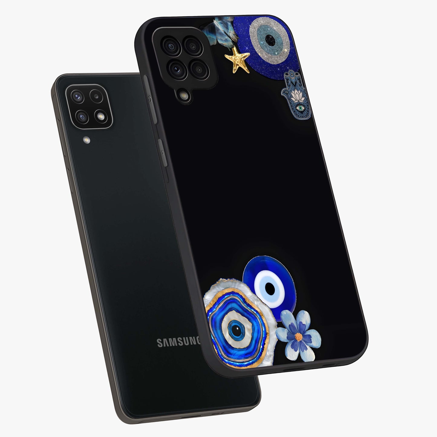 Aesthetic Blue Evil Eye Glass Case displayed in angled mockup highlighting blue evil eye symbol and spiritual aesthetic design.