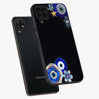 Aesthetic Blue Evil Eye Glass Case displayed in angled mockup highlighting blue evil eye symbol and spiritual aesthetic design.