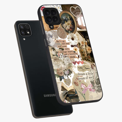 Aesthetic Brown Vintage Collage Glass Case displayed in angled mockup highlighting vintage aesthetic collage design.