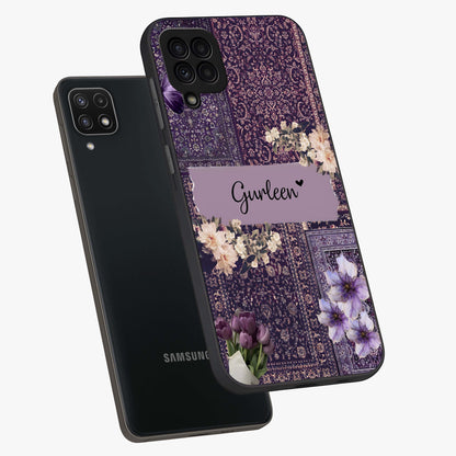 Antique Floral Whisper Custom Name Glass Case displayed in angled mockup highlighting elegant antique floral aesthetic.