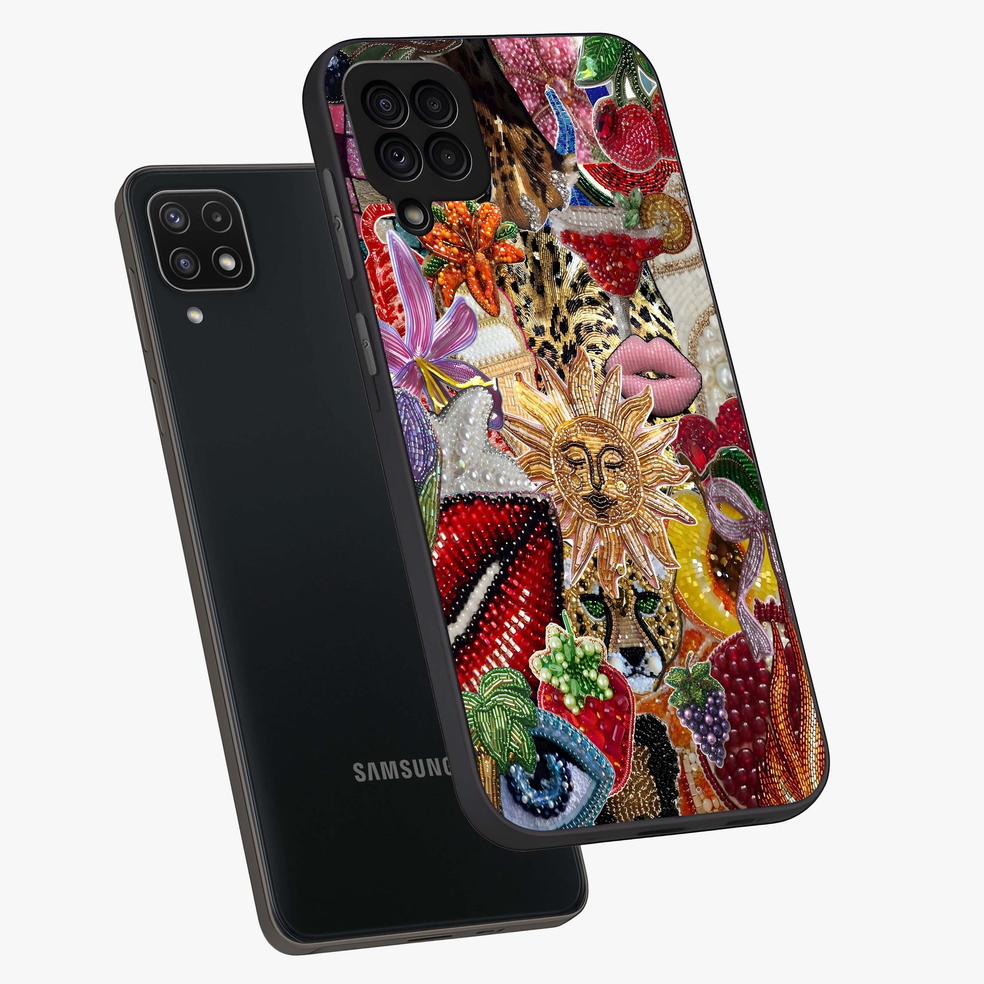 Beaded Fashion Jungle Glass Case displayed in angled mockup highlighting colorful fashion bead design and artistic pattern.