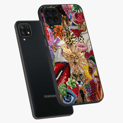 Beaded Fashion Jungle Glass Case displayed in angled mockup highlighting colorful fashion bead design and artistic pattern.