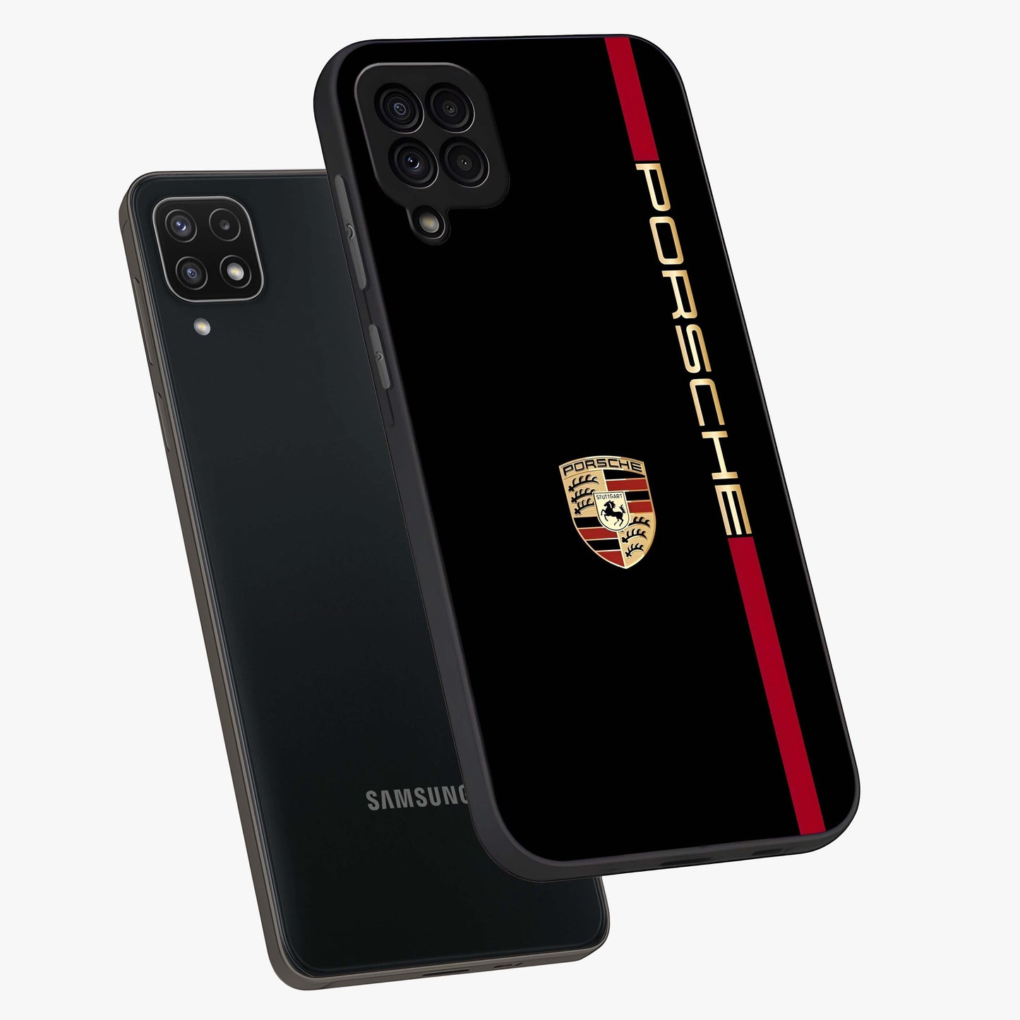 Black Minimal Porsche Glass Case displayed in angled mockup highlighting modern minimal car illustration and clean aesthetic design.