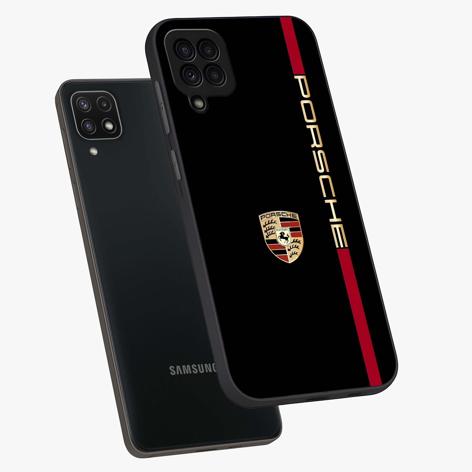 Black Minimal Porsche Glass Case displayed in angled mockup highlighting modern minimal car illustration and clean aesthetic design.