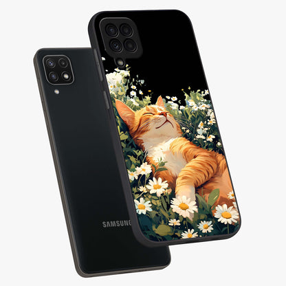 Blissful Bloom Cat Glass Case displayed in angled mockup highlighting playful feline illustration with soft floral aesthetic.