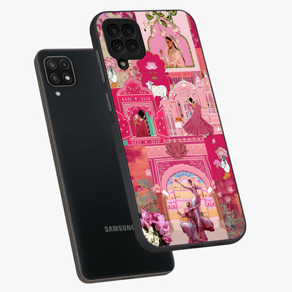 Blossoms of Rajasthan Glass Case displayed in angled mockup highlighting vibrant floral pattern with cultural aesthetic style.