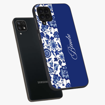 Blue Vintage Floral Pattern Glass Case displayed in angled mockup highlighting subtle bloom pattern with aesthetic pastel design.