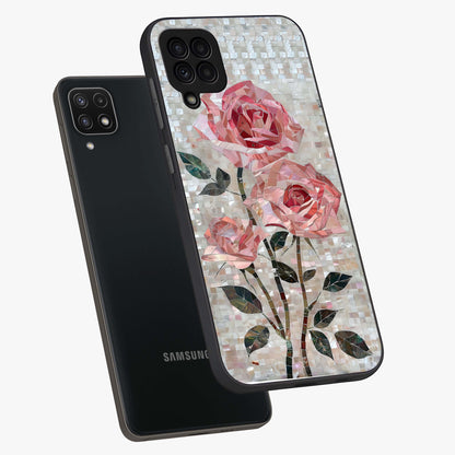 Blush Mosaic Bloom Glass Case displayed in angled mockup highlighting artistic mosaic flower pattern with aesthetic design.