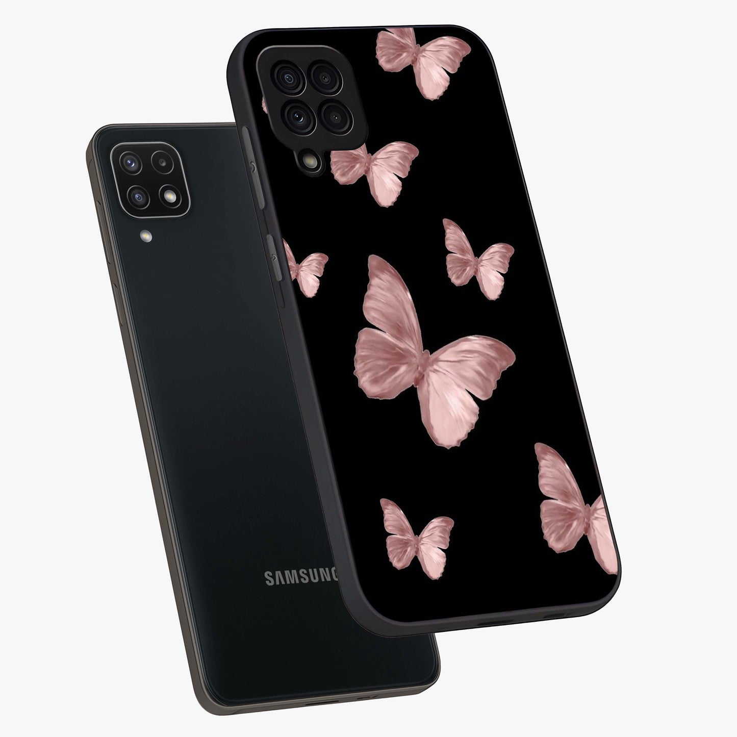 Butterfly Pattern Glass Case displayed in angled mockup highlighting delicate butterfly design and aesthetic pattern style.