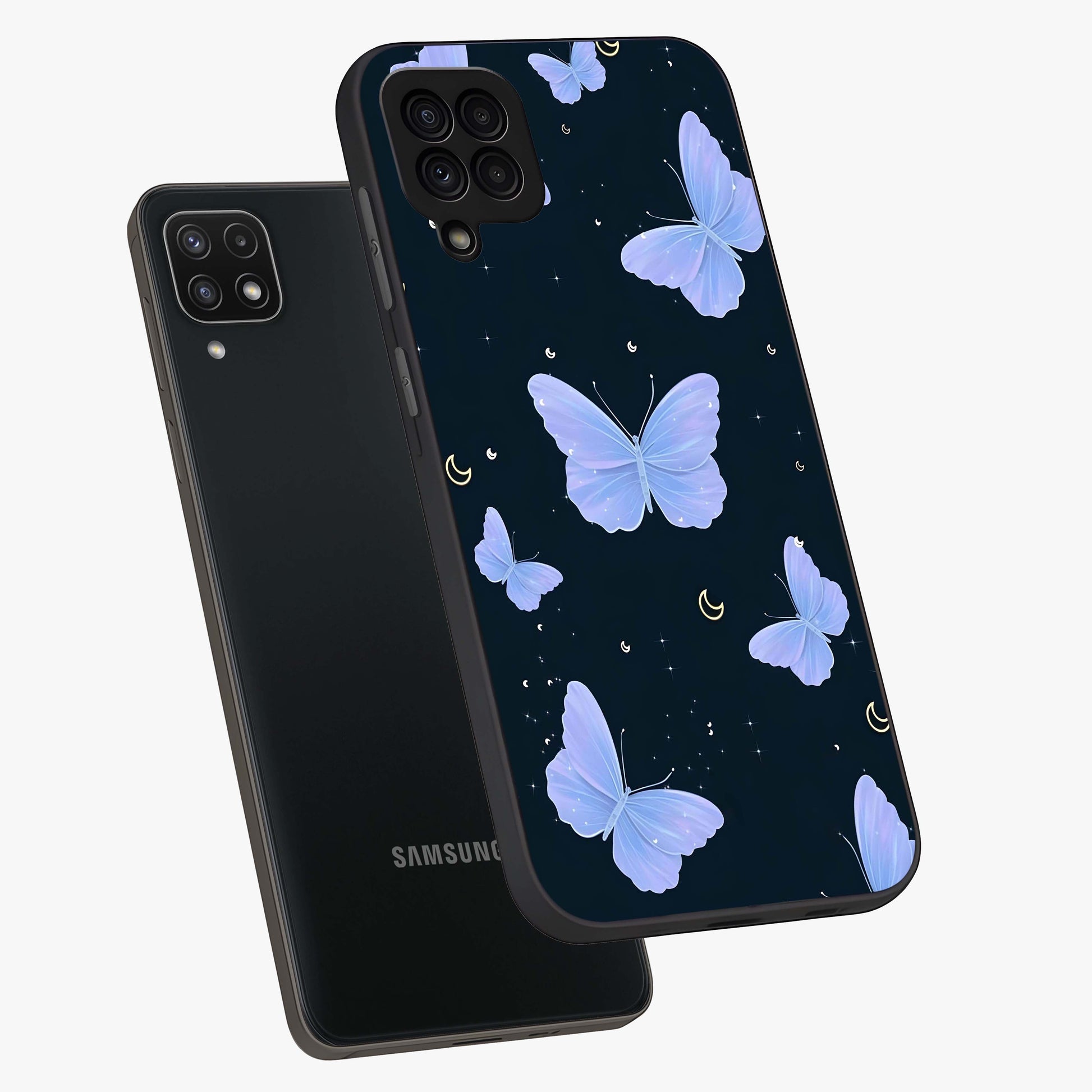 Butterfly With Stars Pattern Glass Case displayed in angled mockup highlighting dreamy butterfly and star design with aesthetic theme.