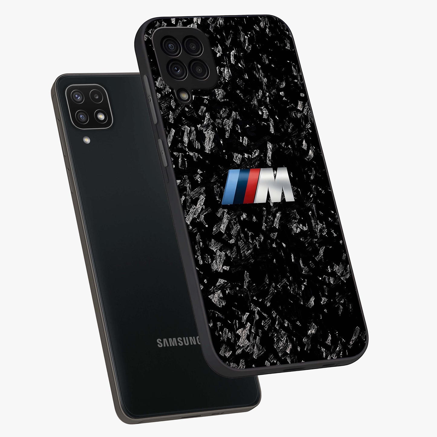 Carbon Speed Mark Glass Case displayed in angled mockup highlighting racing inspired carbon design and sleek aesthetic style.