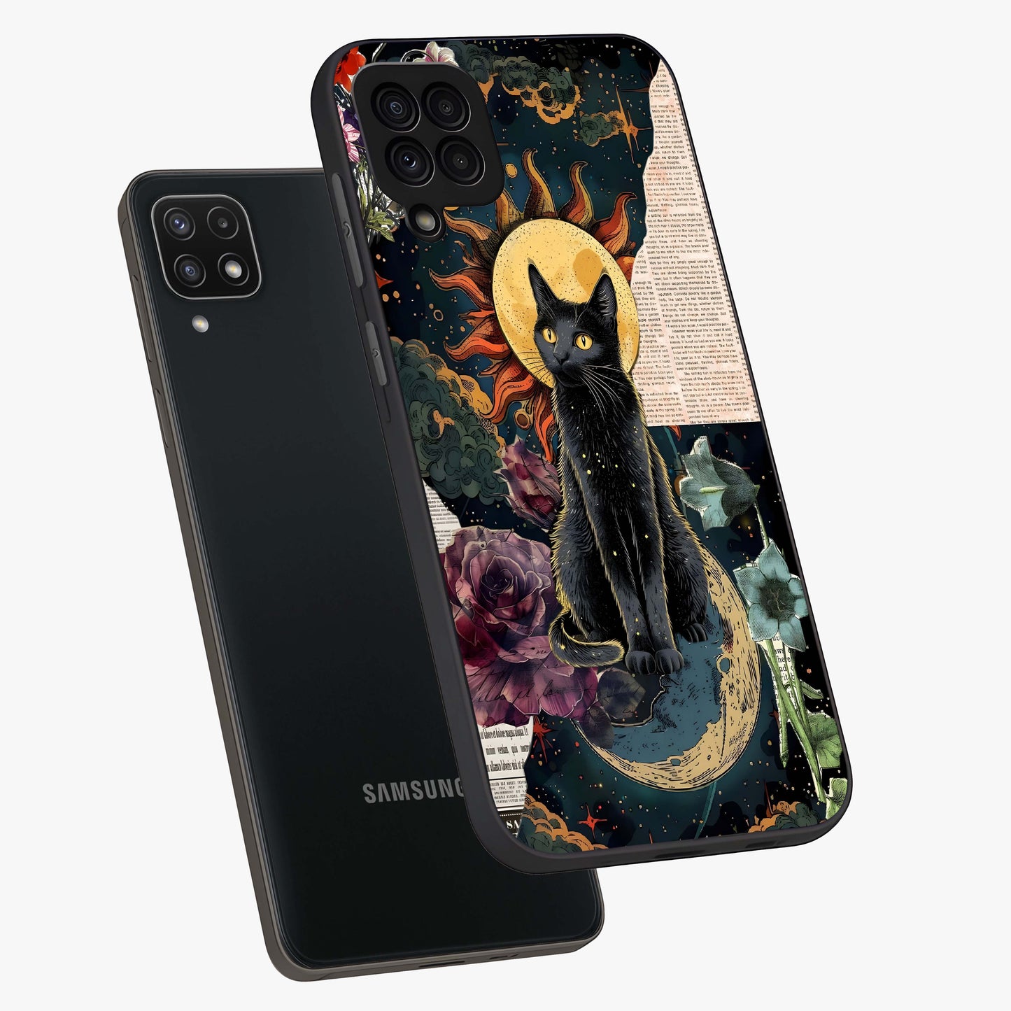Celestial Black Cat Glass Case displayed in angled mockup highlighting cosmic black cat design with celestial aesthetic.