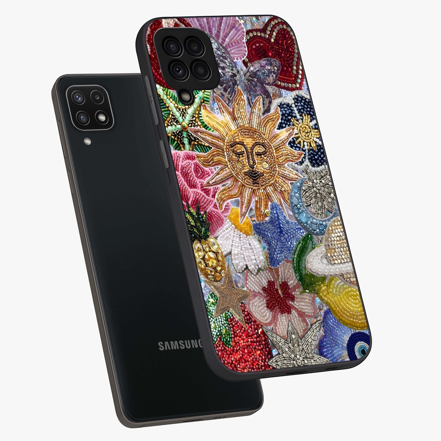 Celestial Floral and Playful Glass Case displayed in angled mockup highlighting playful floral design with dreamy celestial elements.