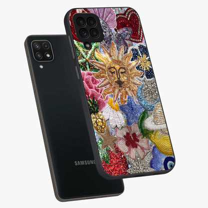 Celestial Floral and Playful Glass Case displayed in angled mockup highlighting playful floral design with dreamy celestial elements.