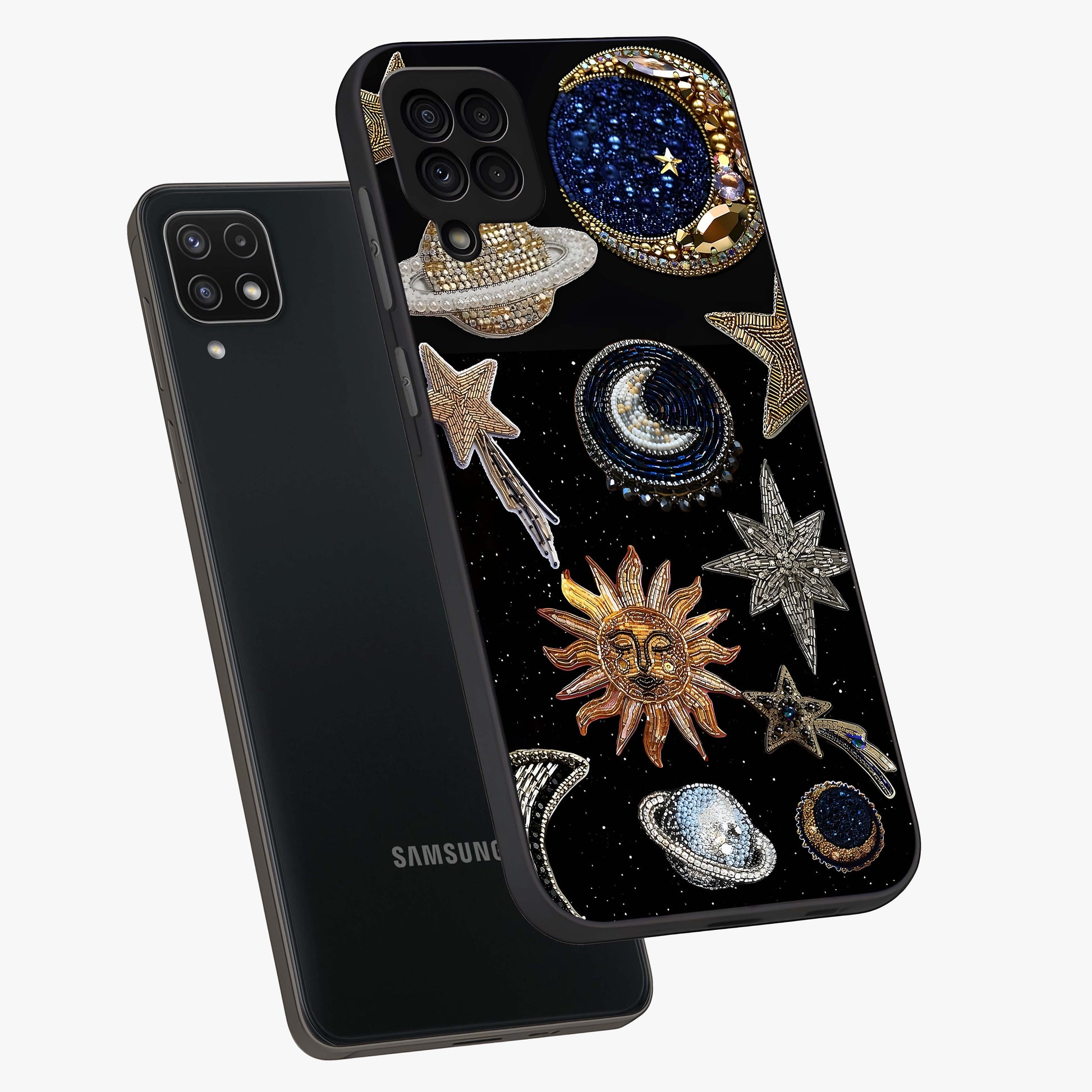 Celestial Gem Constellations Glass Case displayed in angled mockup highlighting gemstone inspired constellation design.
