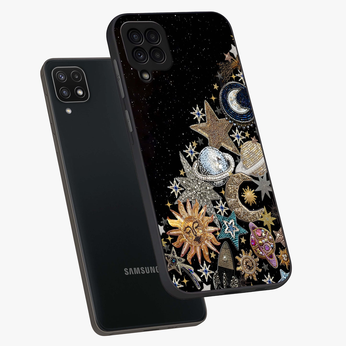 Cosmic Sparkle Dreams Glass Case displayed in angled mockup highlighting dreamy star sparkle design with celestial aesthetic.