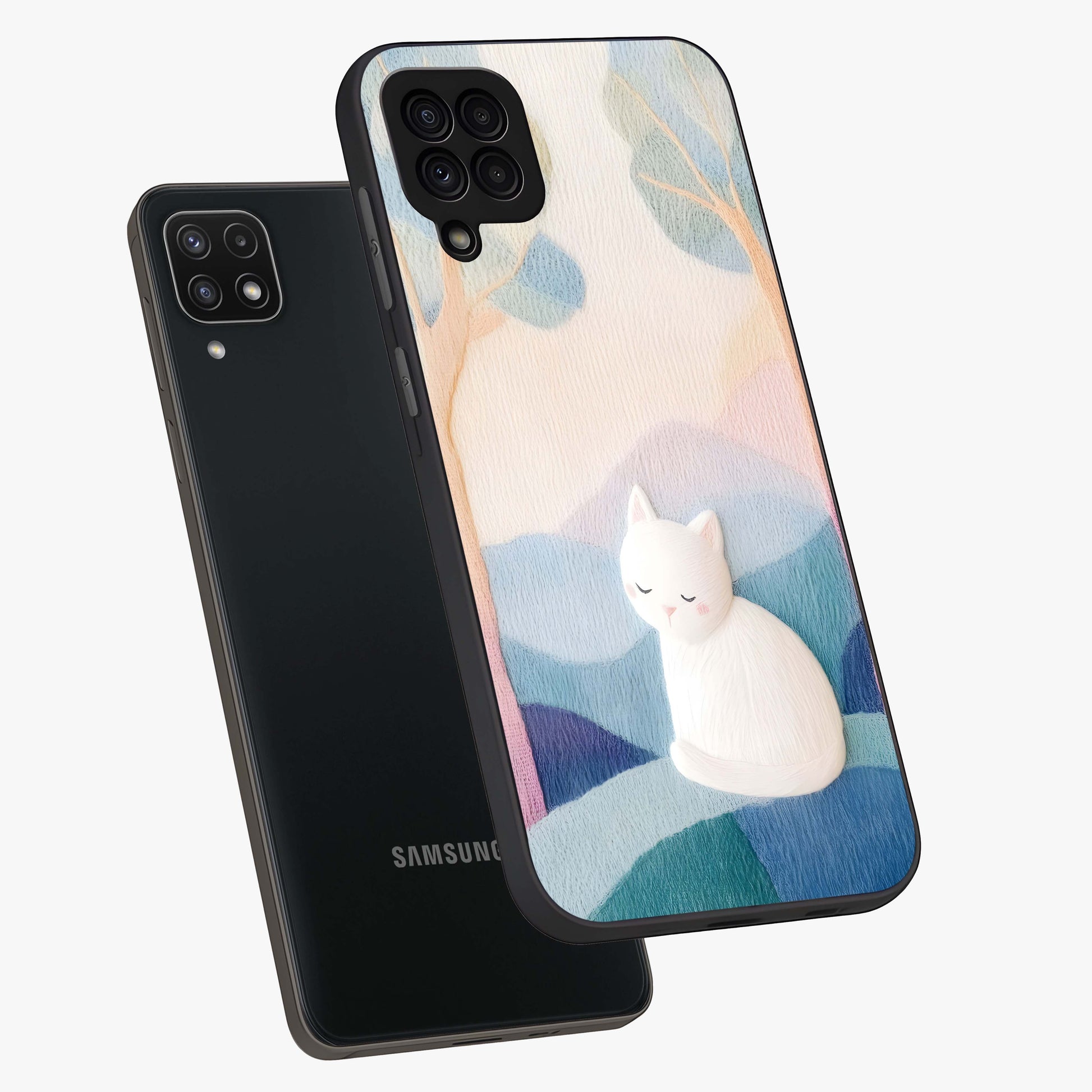 Cotton Dream Cat Glass Case displayed in angled mockup highlighting cute feline illustration with pastel aesthetic style.