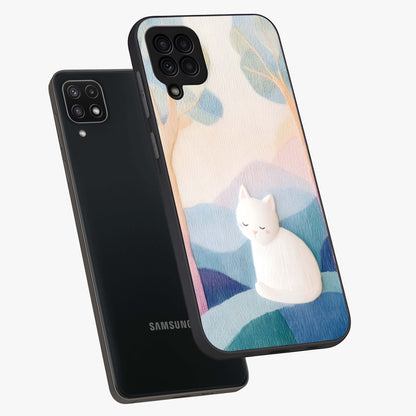 Cotton Dream Cat Glass Case displayed in angled mockup highlighting cute feline illustration with pastel aesthetic style.