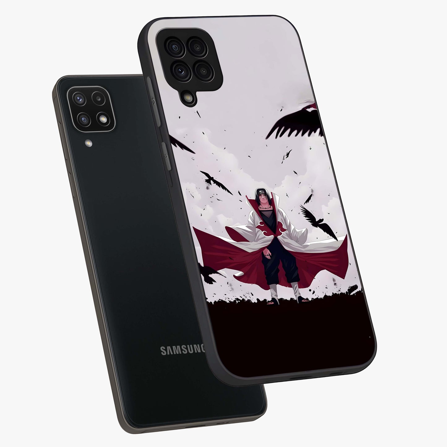Crimson Crow Ascension Glass Case displayed in angled mockup highlighting powerful crow illustration with dark crimson aesthetic.