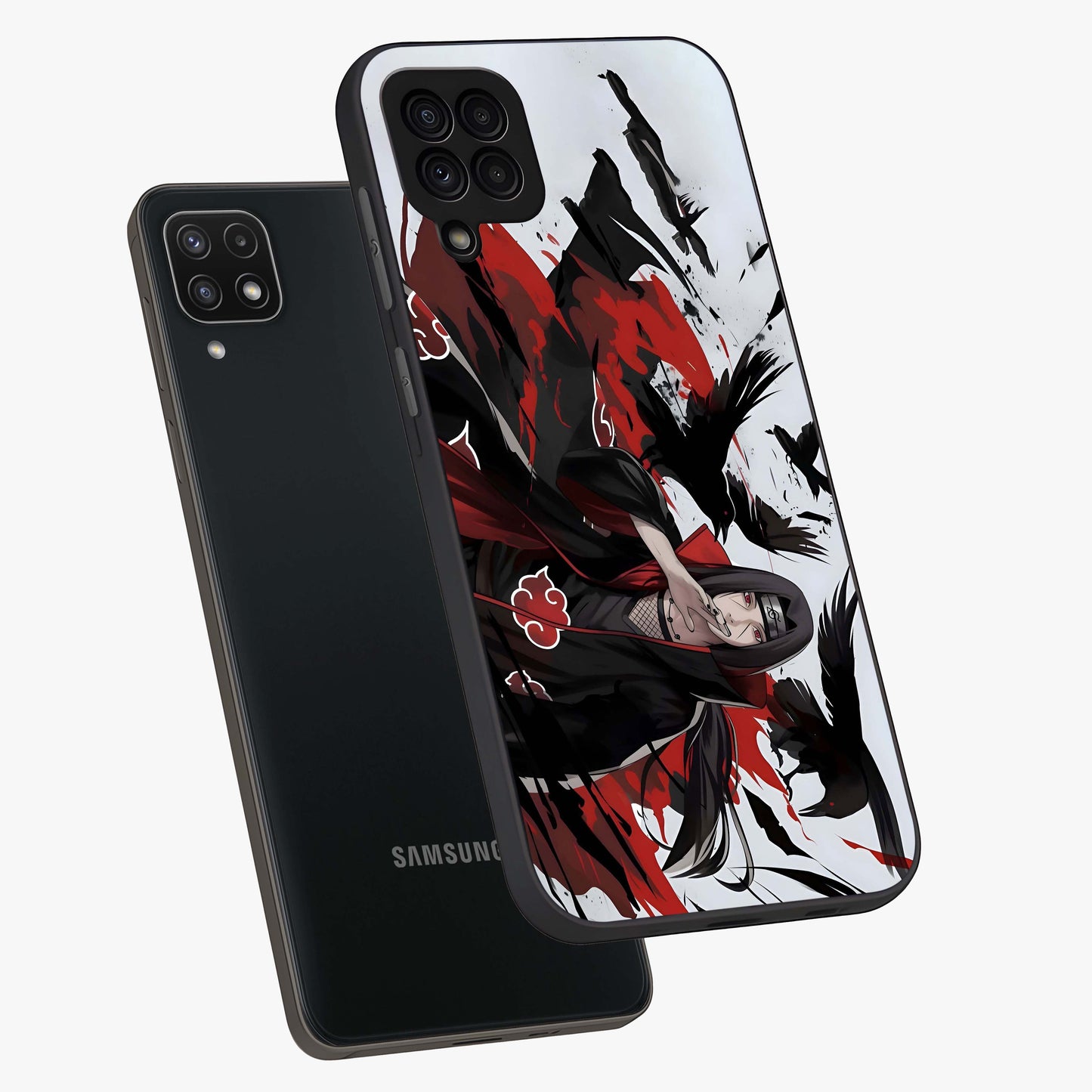 Crimson Crow Illusion Glass Case displayed in angled mockup highlighting mysterious crow graphic with dark aesthetic style.