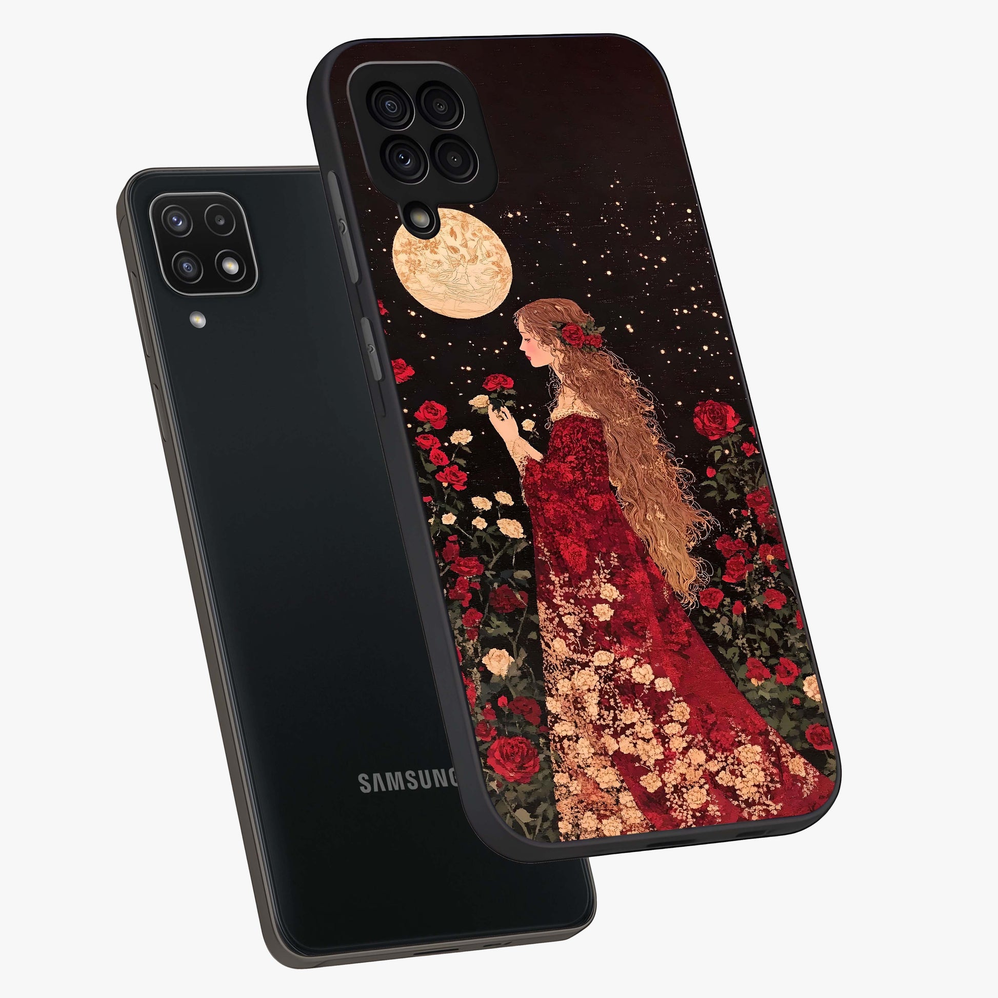 Crimson Dreams Glass Case displayed in angled mockup highlighting soft crimson aesthetic design with artistic theme.