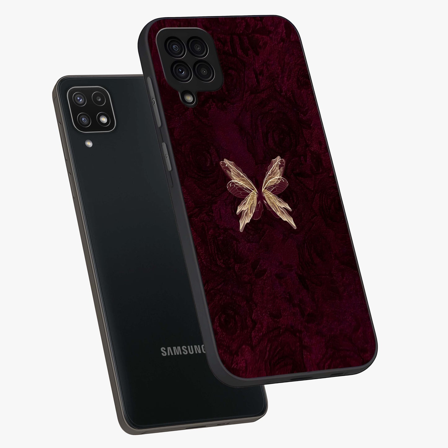Crimson Fade Butterfly Glass Case displayed in angled mockup highlighting elegant butterfly design with crimson gradient aesthetic.