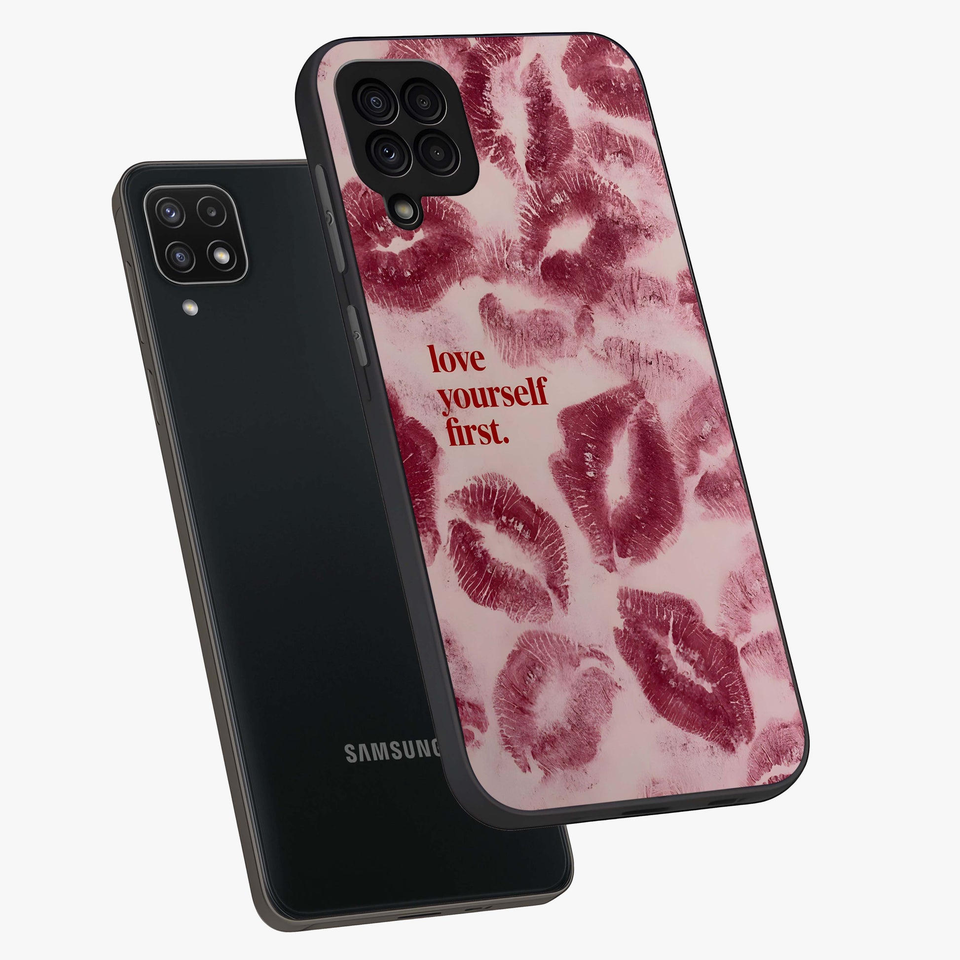 Crimson Kiss Love Glass Case displayed in angled mockup highlighting bold love inspired design with modern aesthetic style.