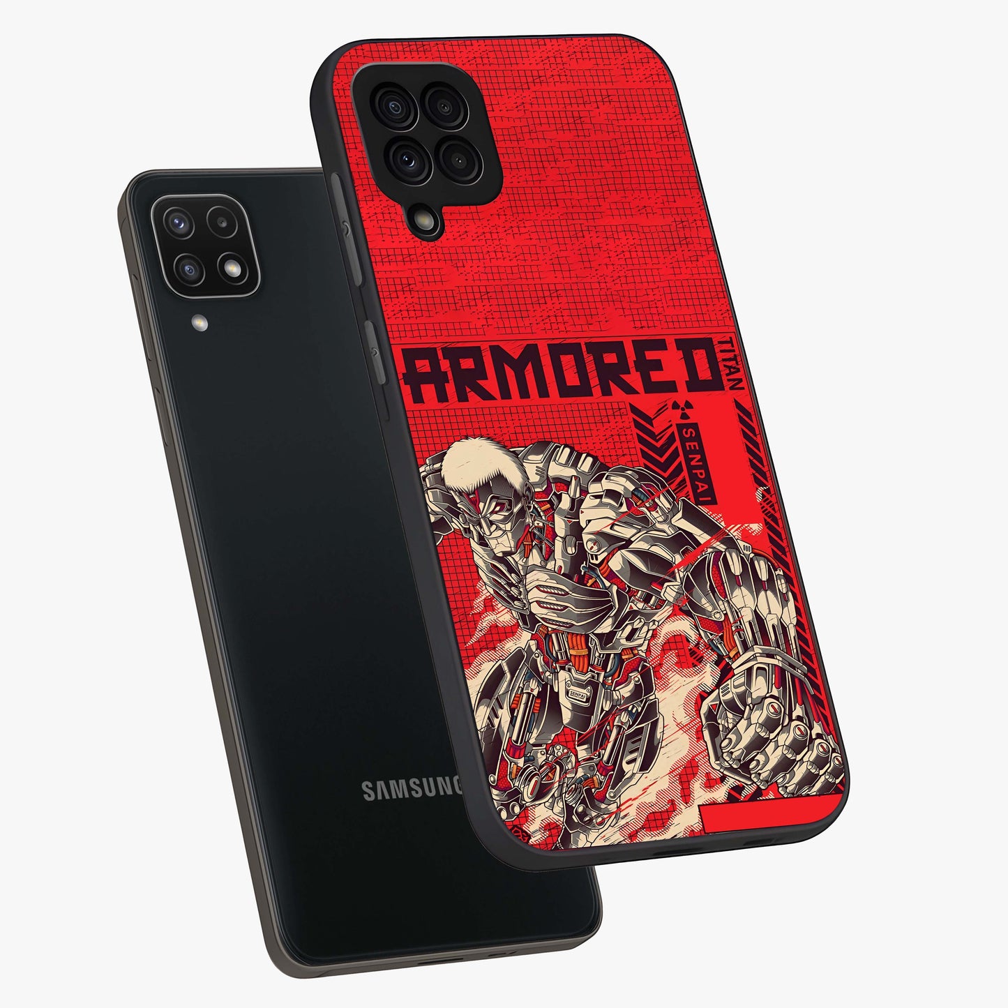Crimson Mecha Titan Glass Case displayed in angled mockup highlighting futuristic mech illustration with bold crimson aesthetic.