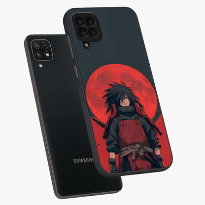 Crimson Moon Warlord Glass Case displayed in angled mockup highlighting dramatic crimson moon design with fantasy aesthetic.
