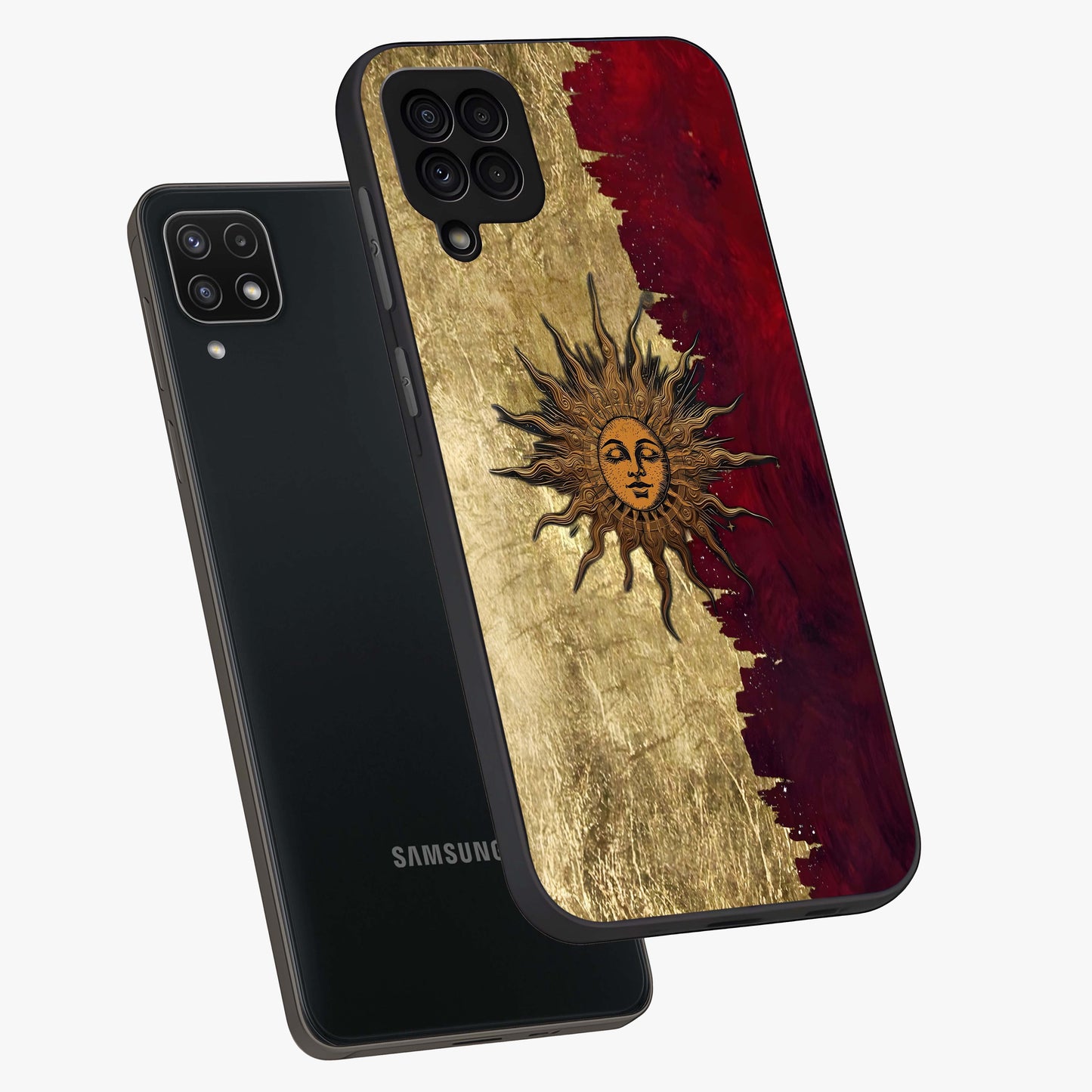 Crimson Sun Majesty Glass Case displayed in angled mockup highlighting majestic crimson sun design with bold aesthetic style.