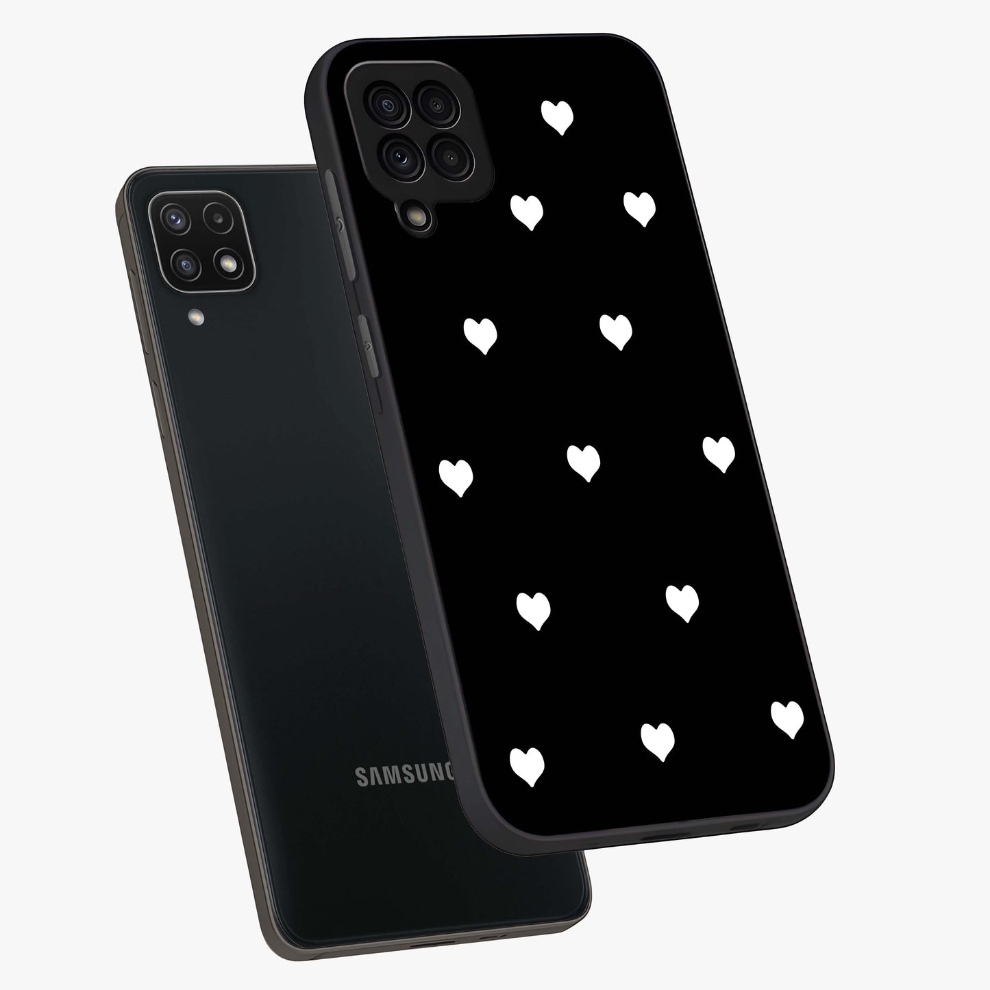 Cute And Simple White Hearts Glass Case displayed in angled mockup highlighting cute heart design with clean aesthetic style.