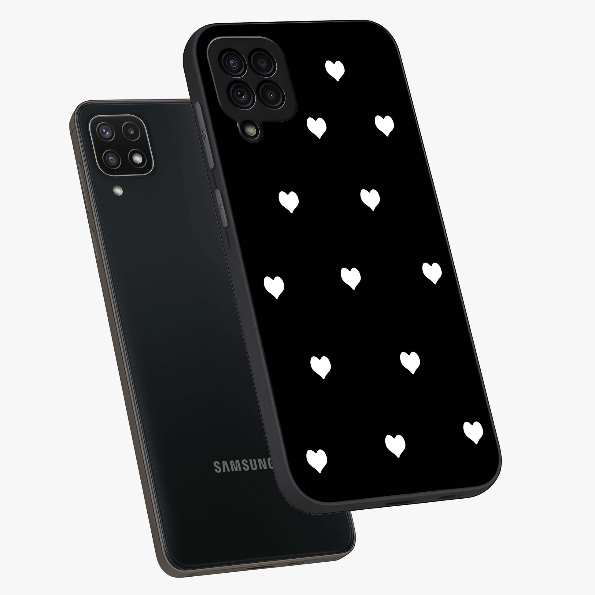 Cute And Simple White Hearts Glass Case displayed in angled mockup highlighting cute heart design with clean aesthetic style.