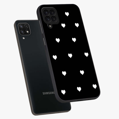 Cute And Simple White Hearts Glass Case displayed in angled mockup highlighting cute heart design with clean aesthetic style.