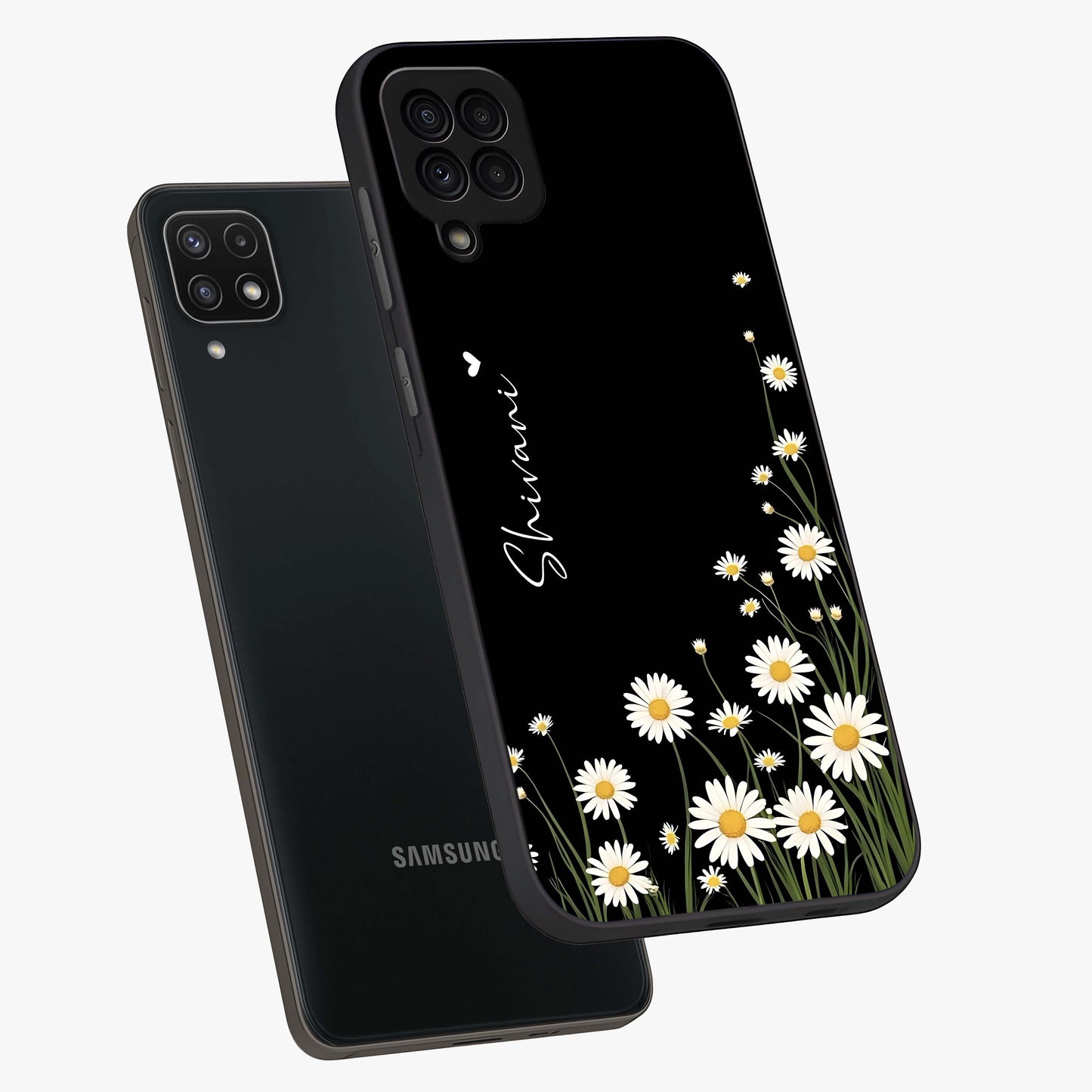 Daisy Cascade Custom Name Glass Case displayed in angled mockup highlighting delicate daisy artwork with custom name feature.