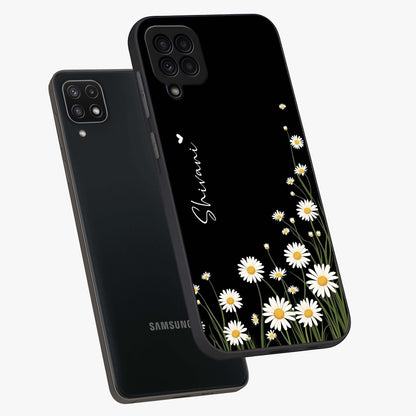 Daisy Cascade Custom Name Glass Case displayed in angled mockup highlighting delicate daisy artwork with custom name feature.