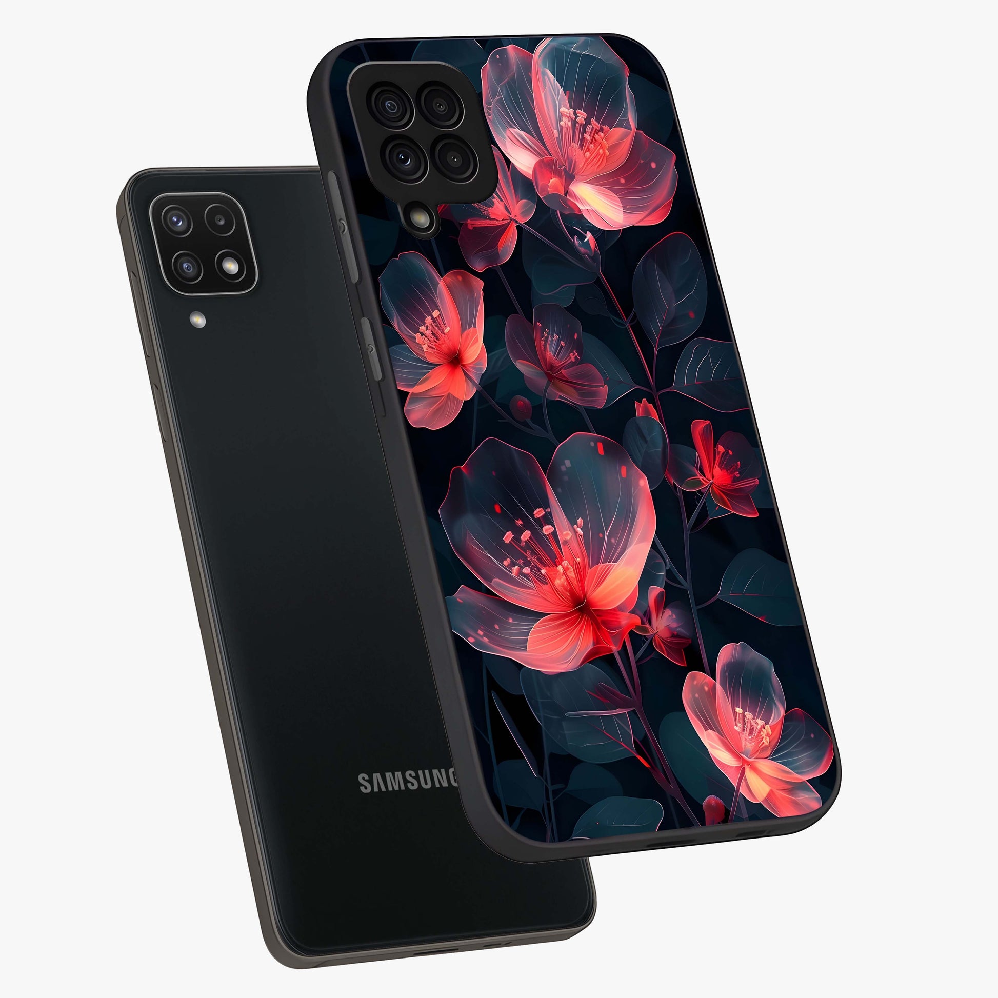 Dark Shade of Flower Glass Case displayed in angled mockup highlighting moody floral illustration with aesthetic dark tones.