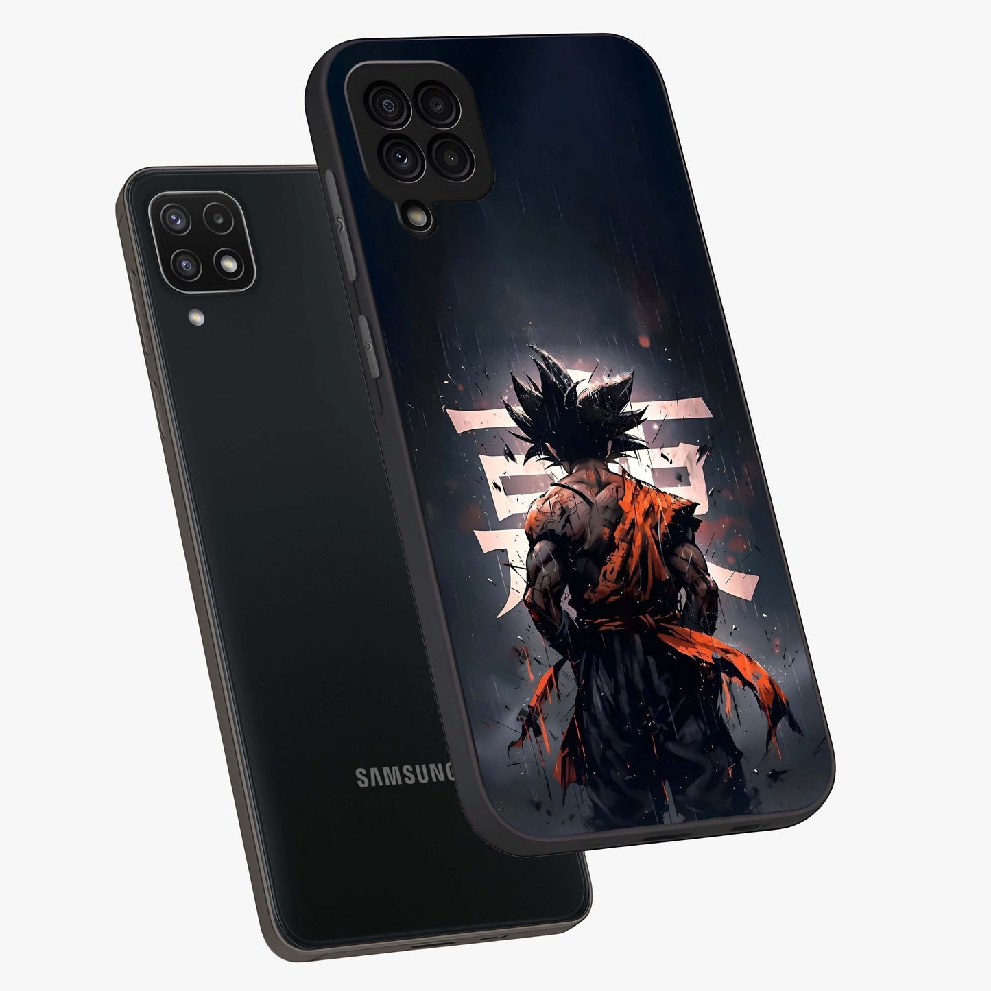 Dark Warrior In Rain Glass Case displayed in angled mockup highlighting dramatic warrior illustration with dark rain aesthetic.