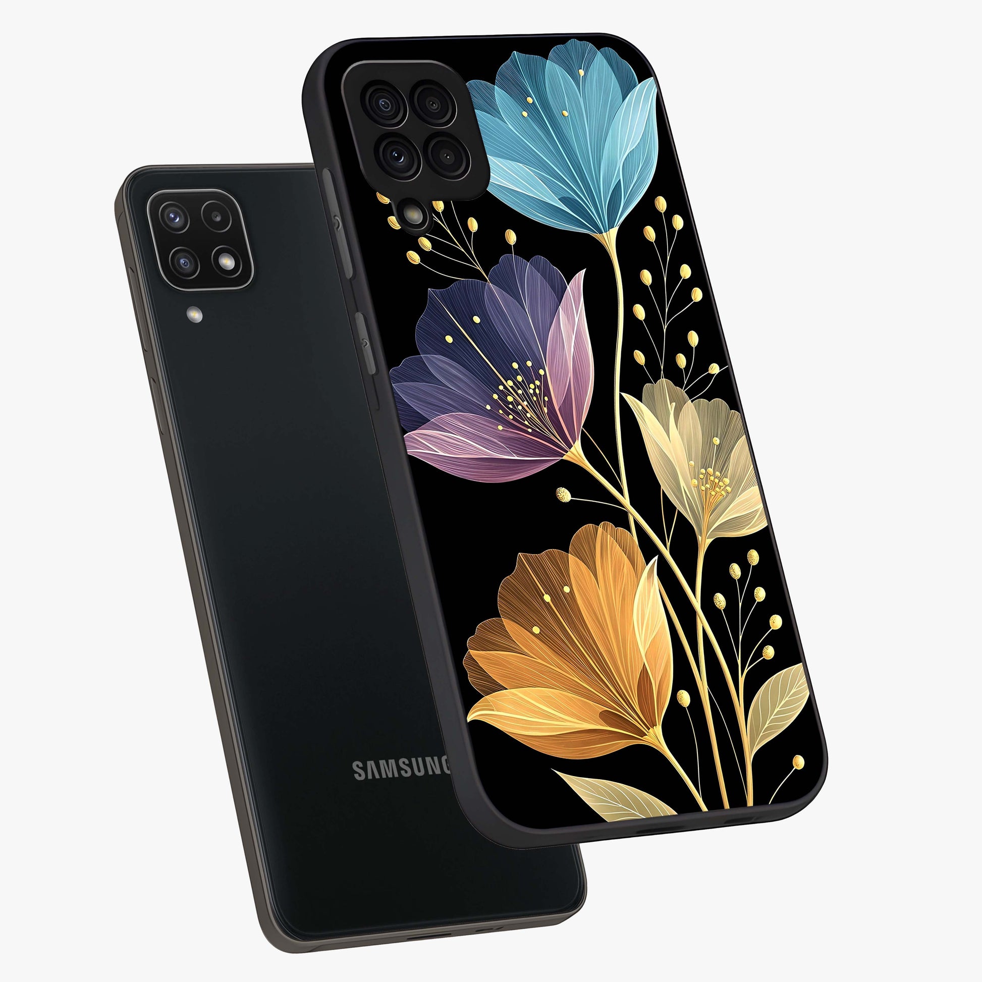Delicate Multicolor Flowers Glass Case displayed in angled mockup highlighting colorful flower pattern with soft aesthetic style.