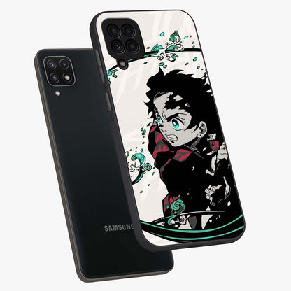 Demon Slayer Glass Case displayed in angled mockup highlighting dramatic anime character design with action aesthetic.