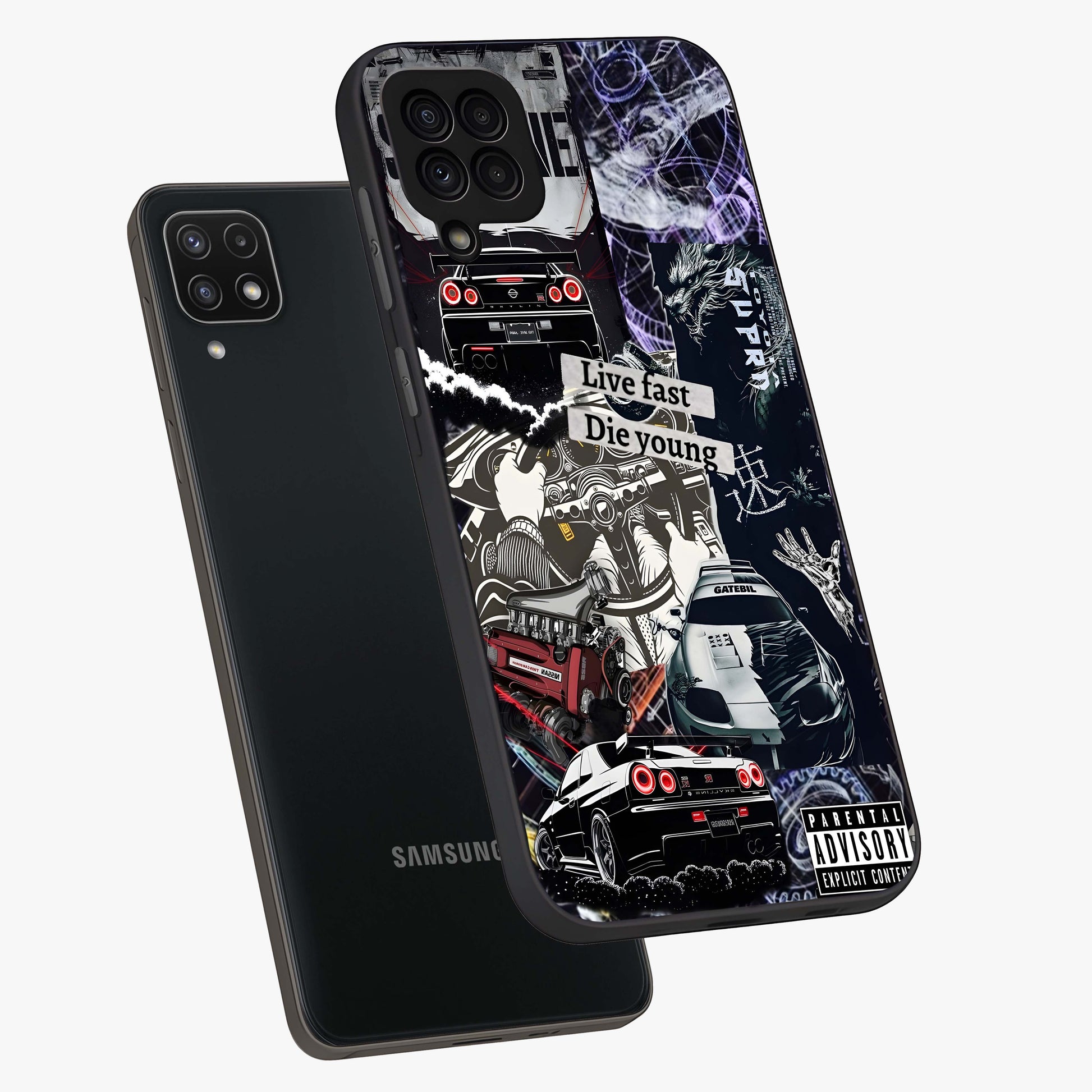 Die Young Glass Case displayed in angled mockup highlighting expressive graphic artwork with edgy aesthetic style.