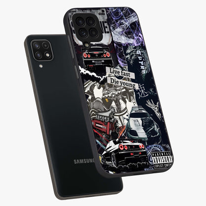 Die Young Glass Case displayed in angled mockup highlighting expressive graphic artwork with edgy aesthetic style.