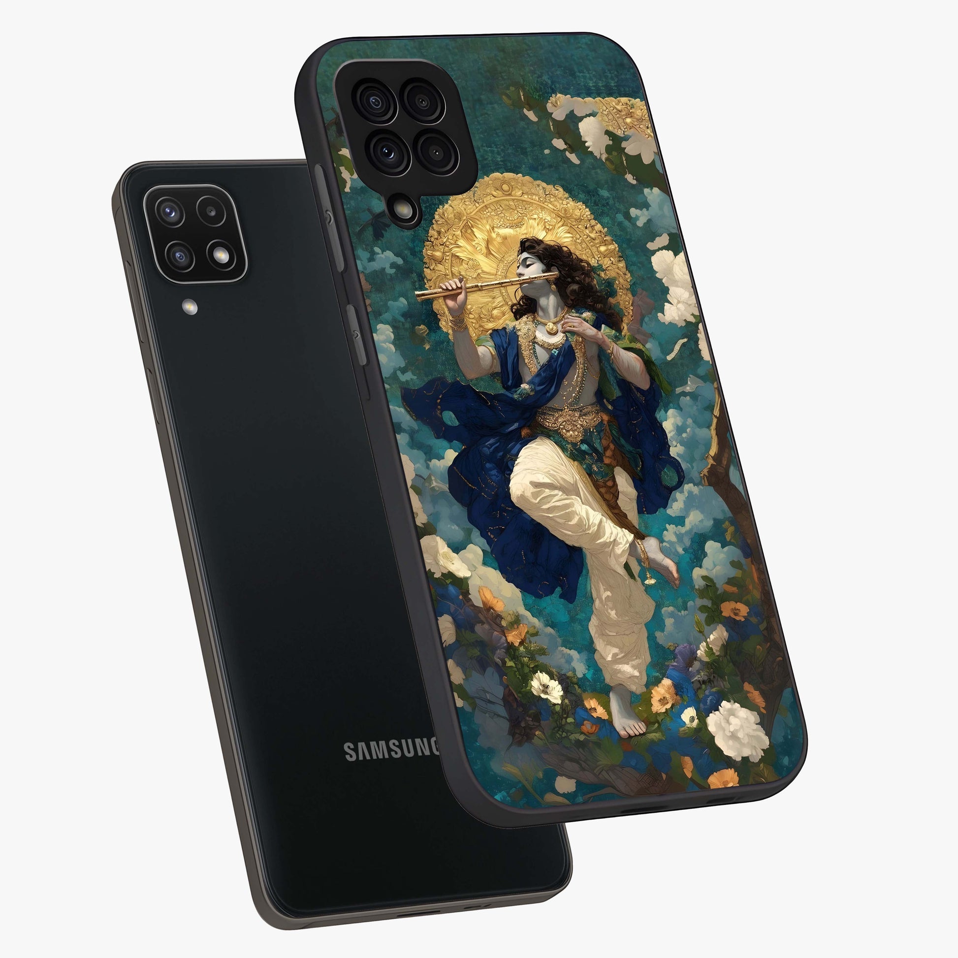Divine Krishna Art Glass Case displayed in angled mockup highlighting spiritual Krishna illustration with devotional aesthetic.