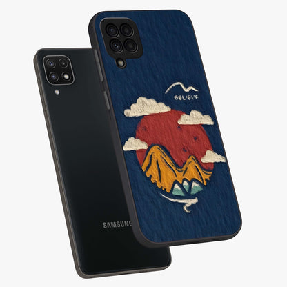 Dream Beyond Mountains Glass Case displayed in angled mockup highlighting dreamy mountain illustration with peaceful aesthetic.