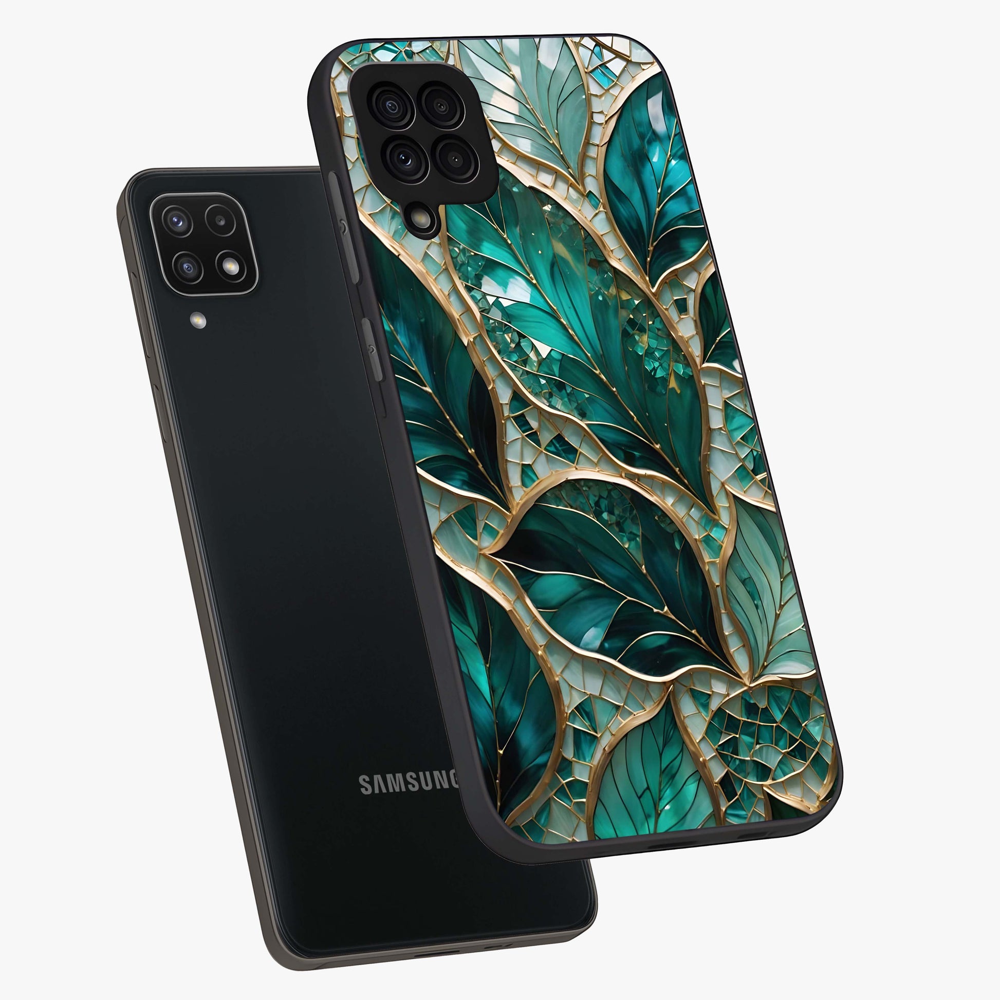 Emerald Leaf Glass Glass Case displayed in angled mockup highlighting botanical leaf illustration with elegant natural aesthetic.