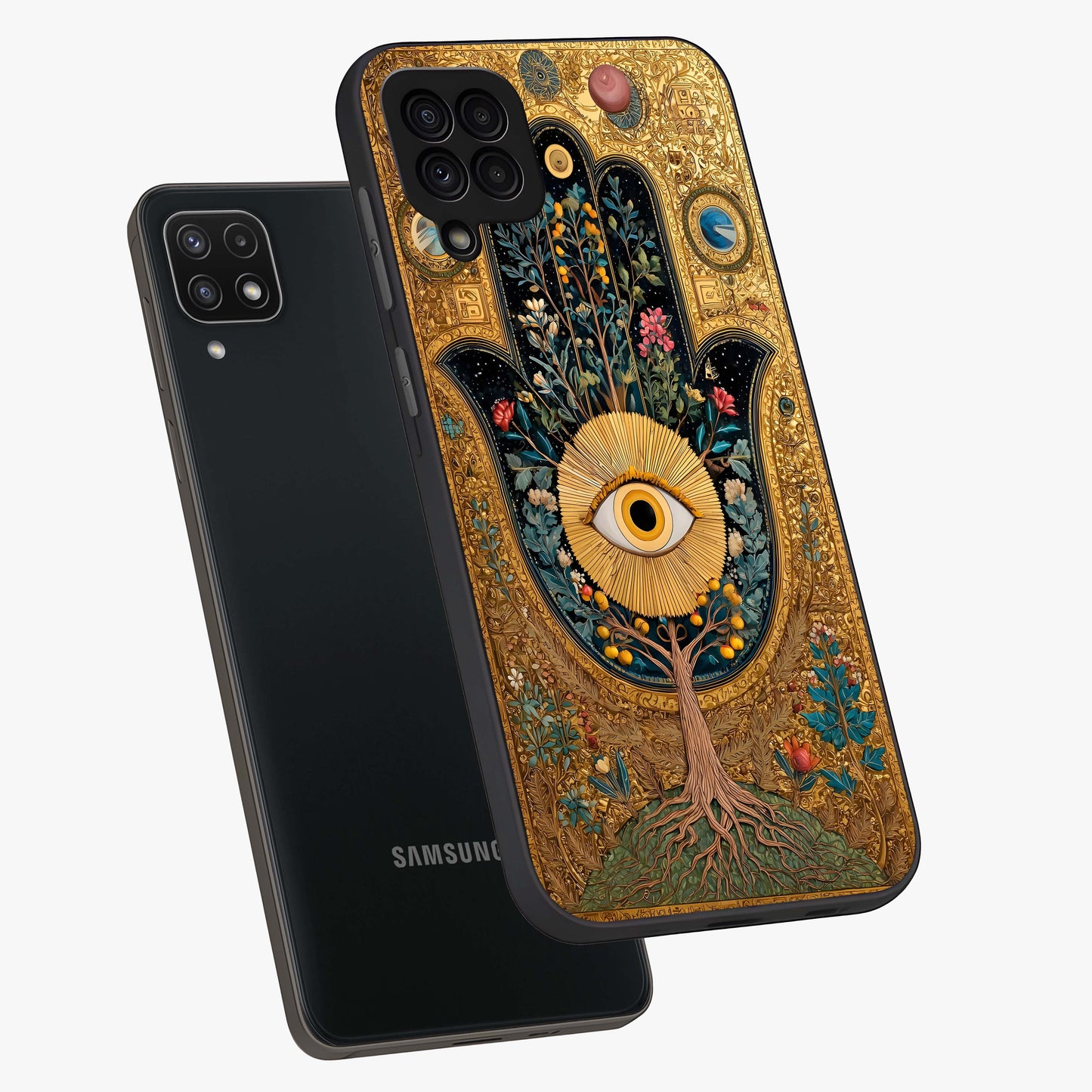 Ethereal Evil Eye Glass Case displayed in angled mockup highlighting protective evil eye symbol with spiritual aesthetic design.