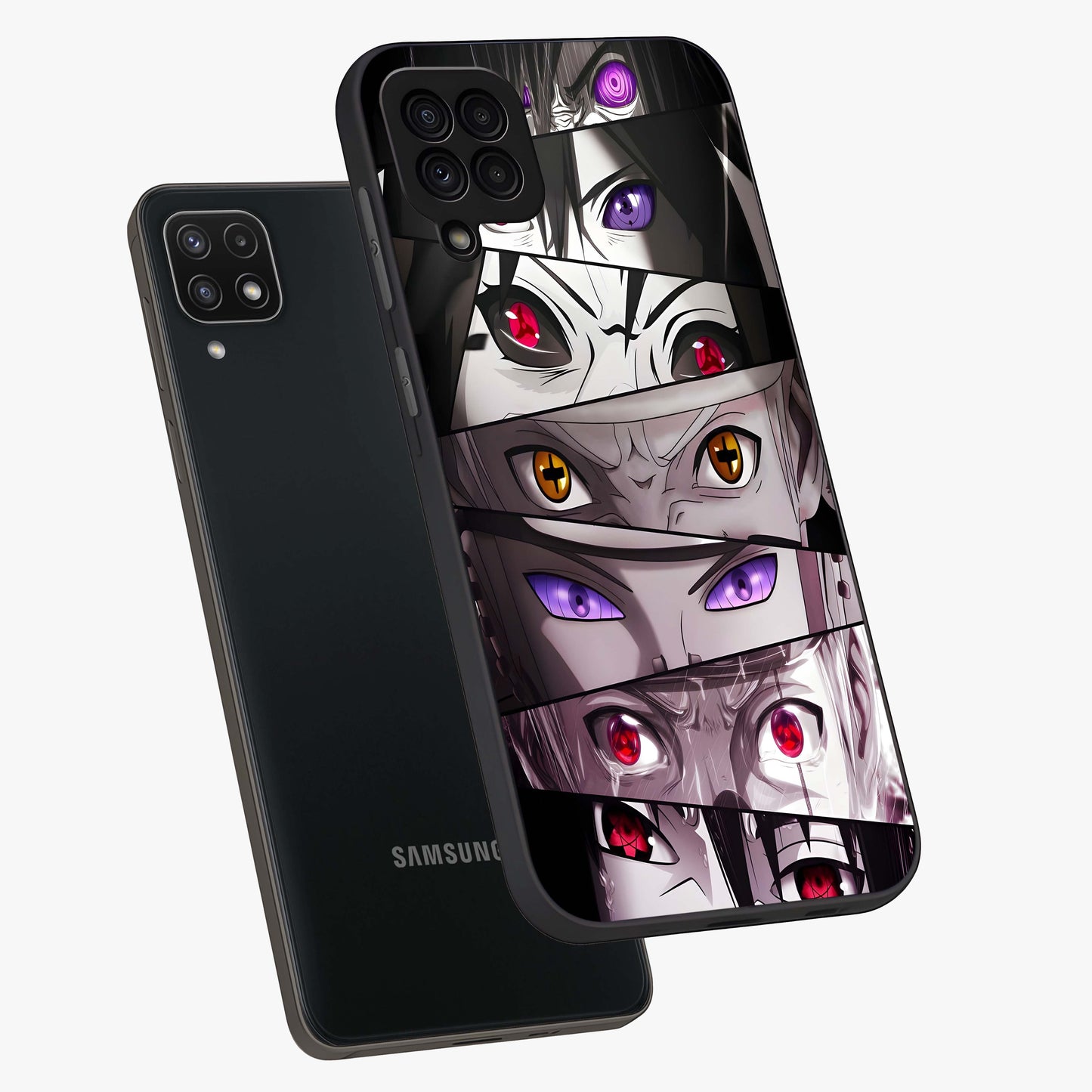Eyes of Destiny Glass Case displayed in angled mockup highlighting bold eye illustration with mystical aesthetic style.