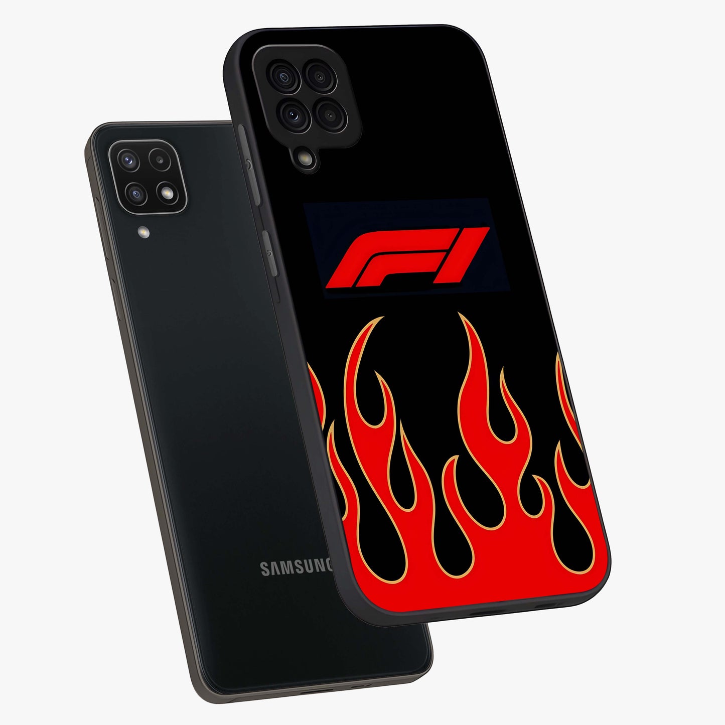 Fire F11 Glass Case displayed in angled mockup highlighting bold fire inspired graphic with energetic aesthetic style.