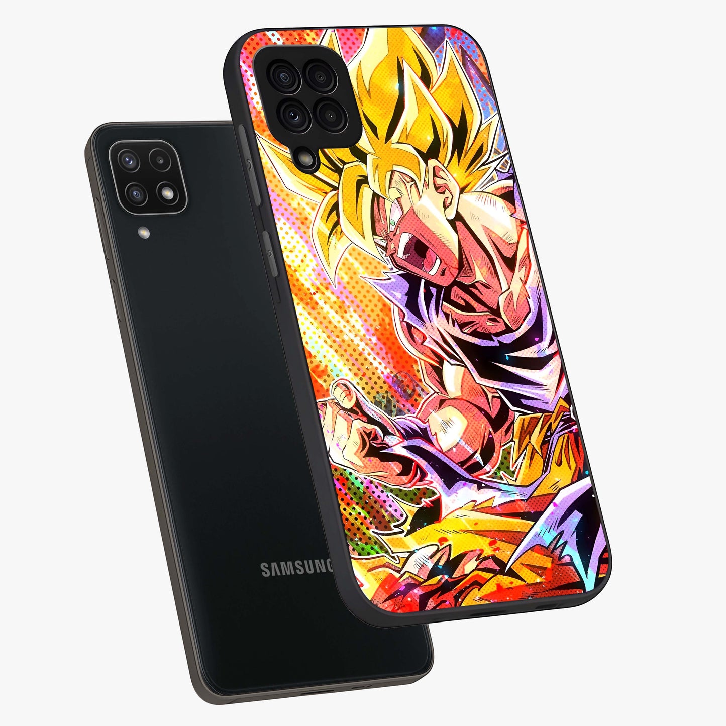Firing Goku Glass Case displayed in angled mockup highlighting dynamic anime character design with action aesthetic.