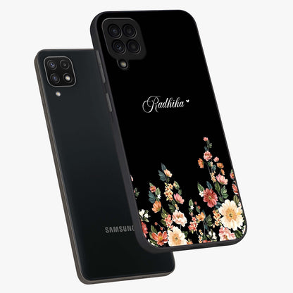 Floral Design With a Custom Personalized Name Glass Case displayed in angled mockup highlighting elegant floral pattern with custom name feature.