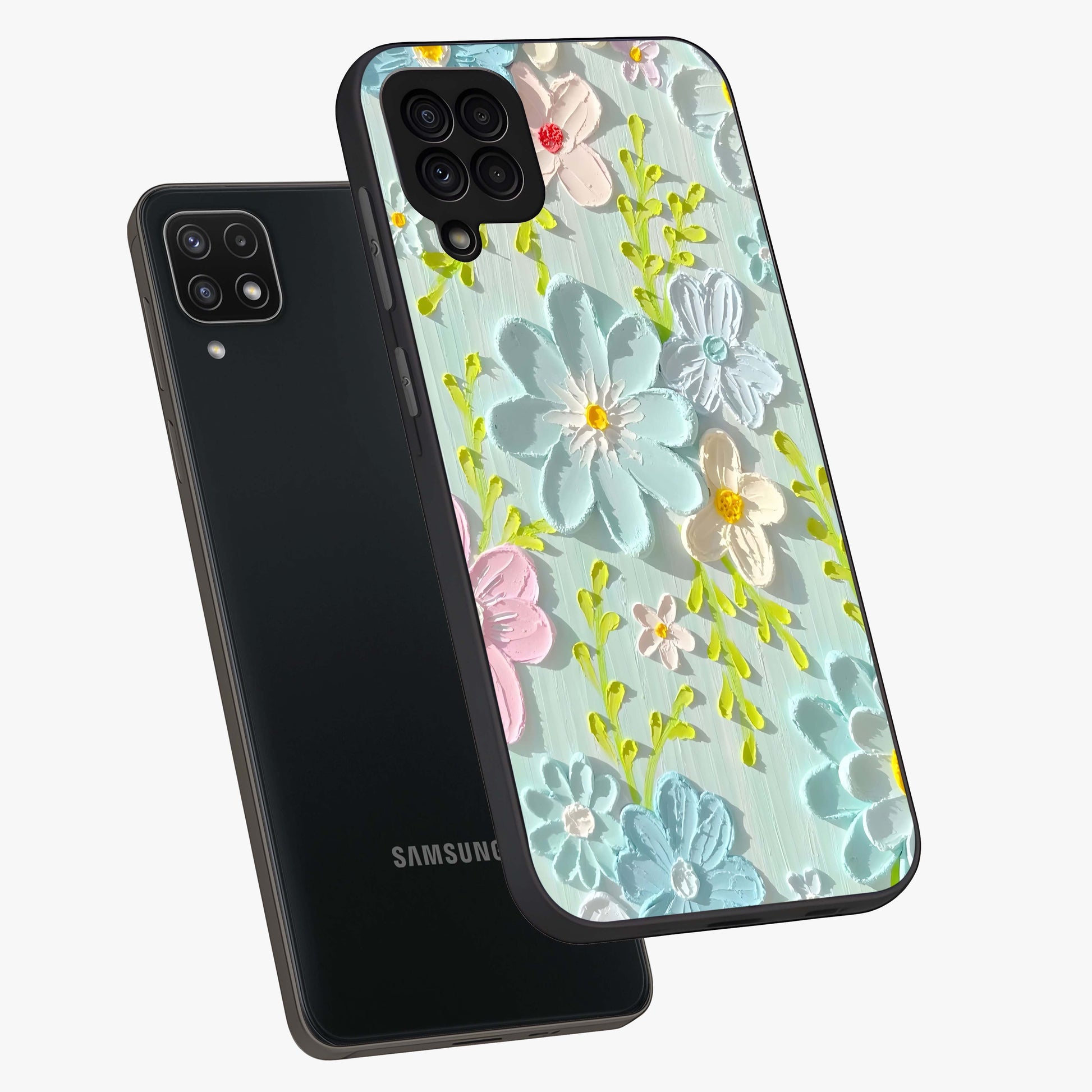 Frosted Petal Garden Glass Case displayed in angled mockup highlighting delicate flower petal design with calm garden aesthetic.